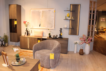 Wohnwand in Buche silbergrau und Deko